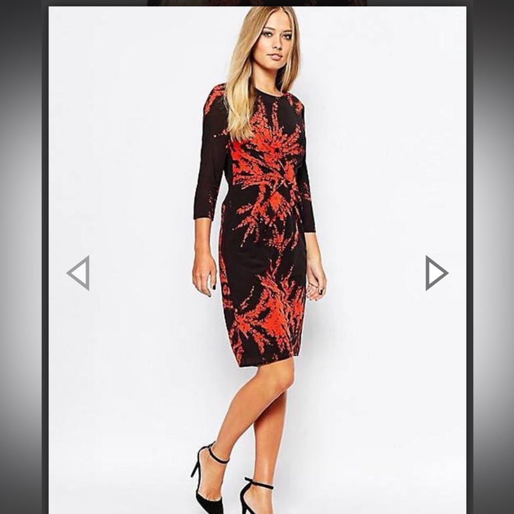 Whistles Phoebe Fern Print Midi sleeve Bodycon Silk Dress size 6 EUC! UK 10